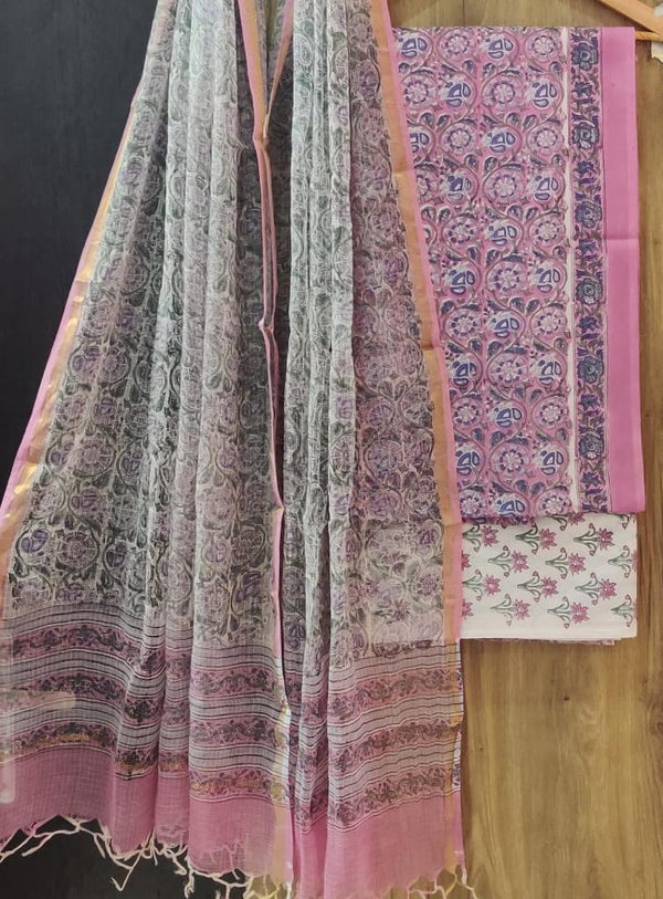 EXCLUSIVE HAND BLOCK PRINT PURE COTTON SUIT MATERIAL WITH KOTA DORIA DUPATTA (3CKDYS88)