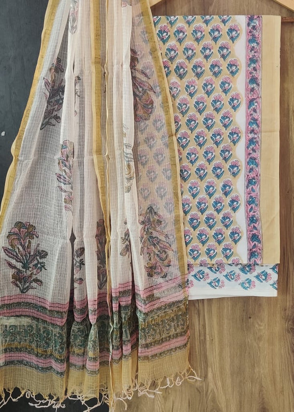 FLORAL HAND BLOCK PRINT PURE COTTON SUIT WITH DORIA DUPATTA(3CKDYS145)
