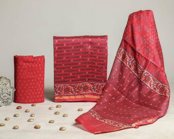 Designer Hand Block Chanderi Silk Suit set with  Chanderi Dupatta (CHDYS153)
