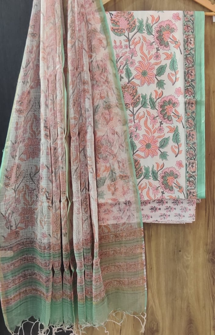 DESIGNER HAND BLOCK PRINT PURE COTTON SUIT MATERIAL WITH KOTA DORIA DUPATTA(3CKDYS176)
