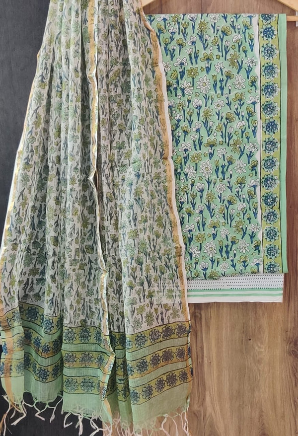 FLORAL HAND BLOCK PRINT PURE COTTON SUIT WITH DORIA DUPATTA(3CKDYS149)