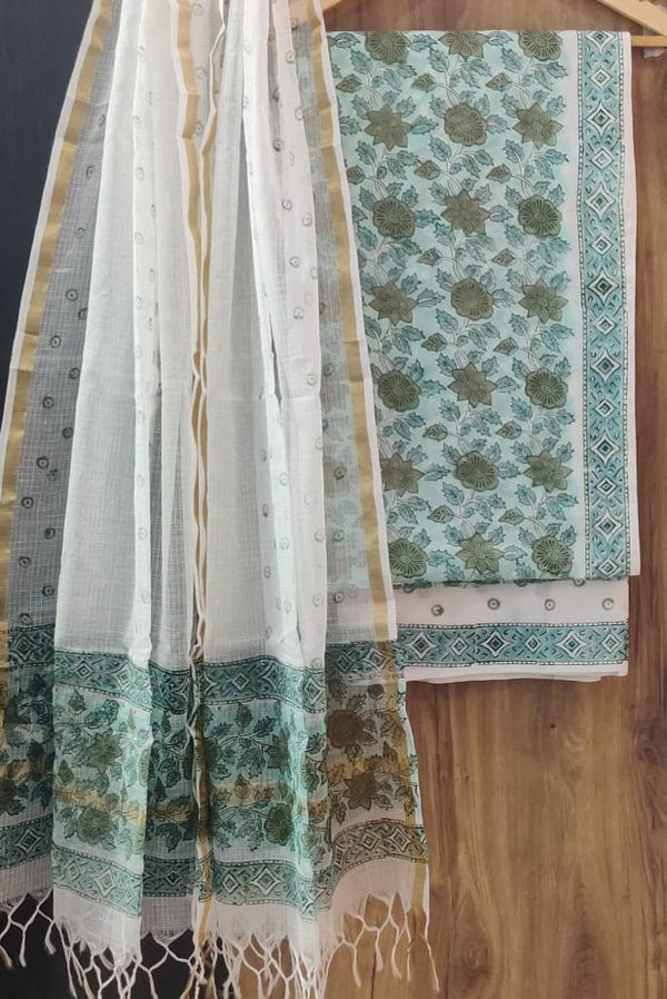 DESIGNER HAND BLOCK PRINT PURE COTTON SUIT MATERIAL WITH KOTA DORIA DUPATTA (3CKDYS27)