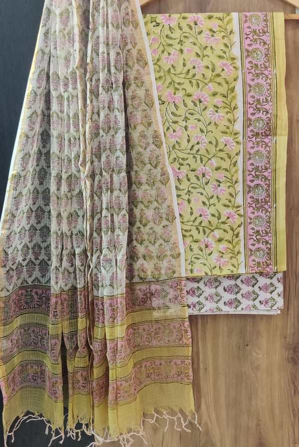 ELEGANT  HAND BLOCK PURE COTTON SUIT WITH KOTA DORIA DUPATTA (3CKDYS121)