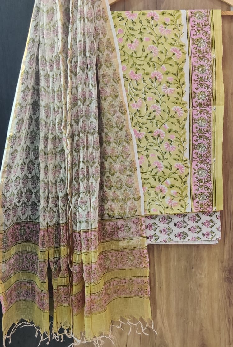 ELEGANT  HAND BLOCK PURE COTTON SUIT WITH KOTA DORIA DUPATTA (3CKDYS121)