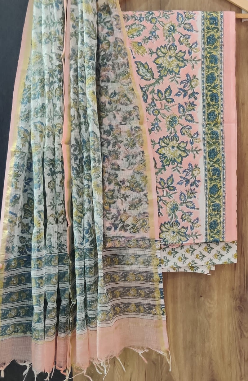 TRADITIONAL HAND HAND BLOCK PURE COTTON SUIT WITH KOTA DORIA DUPATTA (3CKDYS142)