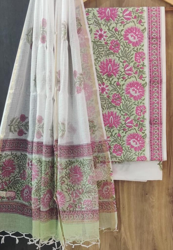 TRADITIONAL HAND  HAND BLOCK PURE COTTON SUIT WITH KOTA DORIA DUPATTA (3CKDYS123)