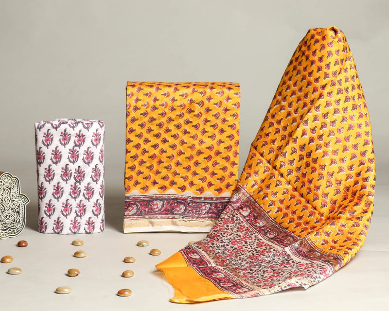 YUVI STYLE HAND BLOCK CHANDERI SILK SUIT SET WITH CHANDERI DUPATTA (CHDYS180)
