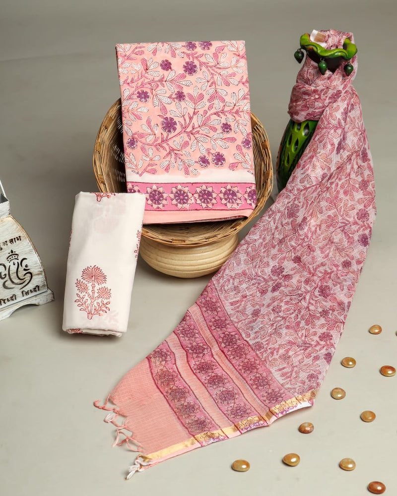 FLORAL HAND BLOCK PRINT PURE COTTON SUIT WITH DORIA DUPATTA(3CKDYS165)