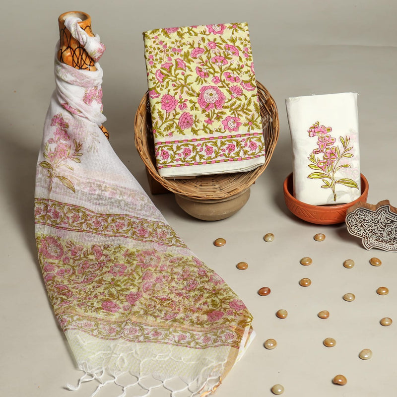 DESIGNER FLORAL JAAL HAND BLOCK PRINT COTTON SUIT SET WITH KOTA DORIA DUPATTA (3CKDYS214)