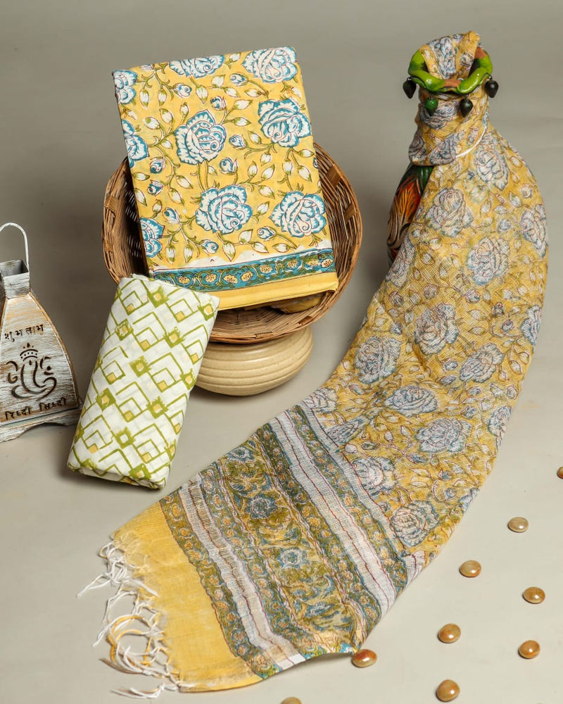 APPEALING FLORAL HAND BLOCK PRINT COTTON SUIT WITH KOTA DORIA DUPATTA (3CKDYS218)