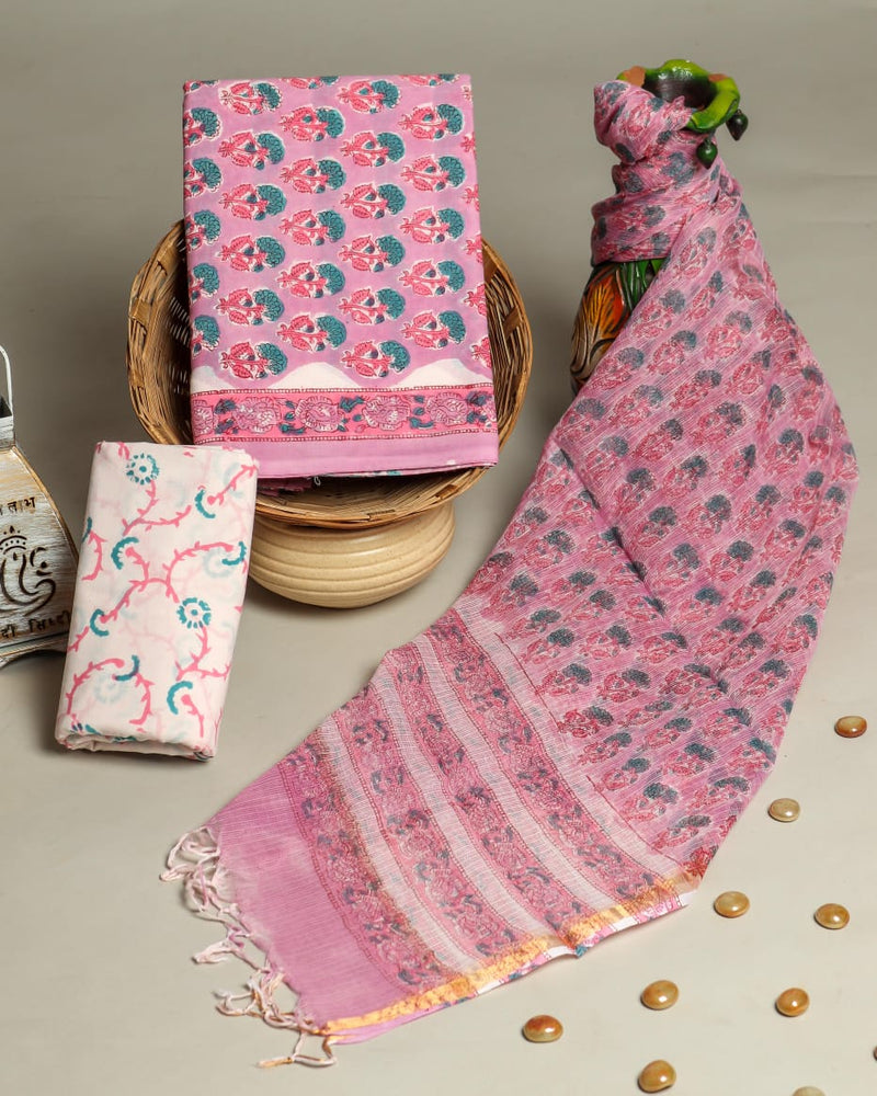 DESIGNER  HAND BLOCK PRINT COTTON SUIT SET WITH KOTA DORIA DUPATTA (3CKDYS217)
