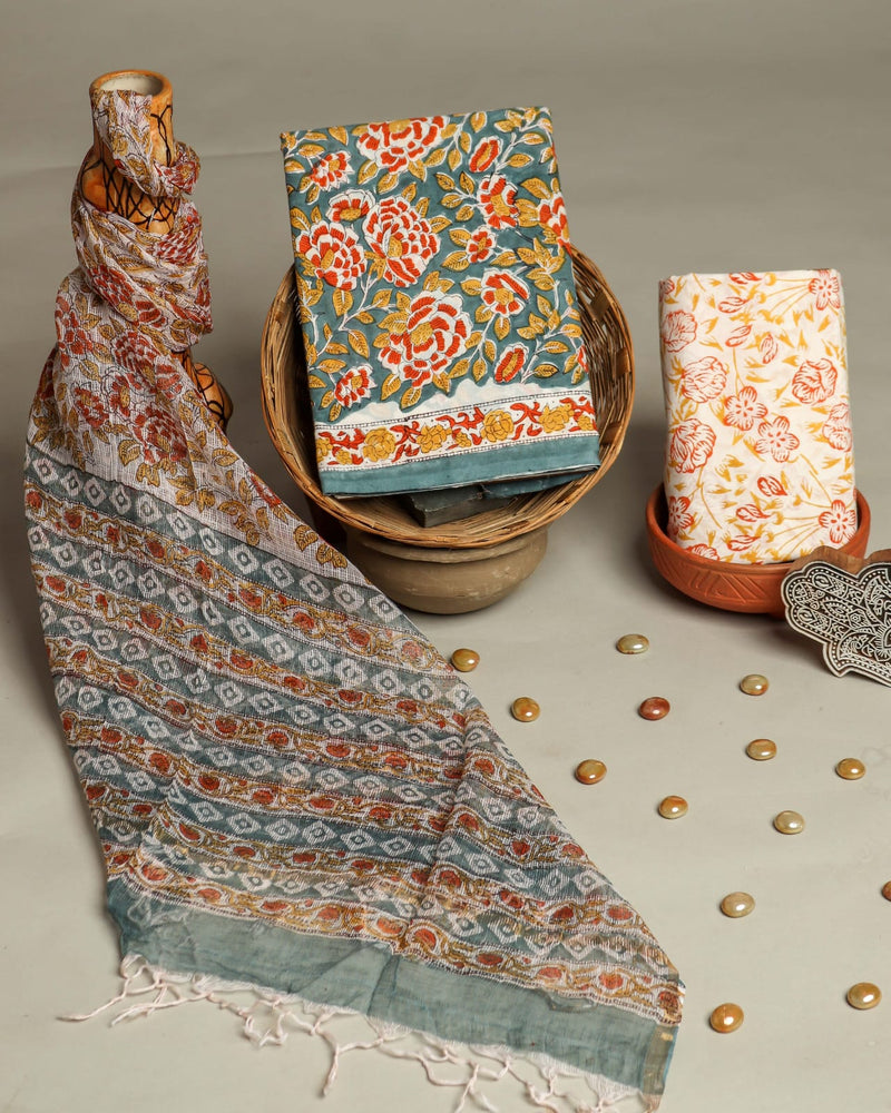 Designer Hand Block Print Pure Cotton Suit Material with Kota Doria Dupatta(3CKDYS14)