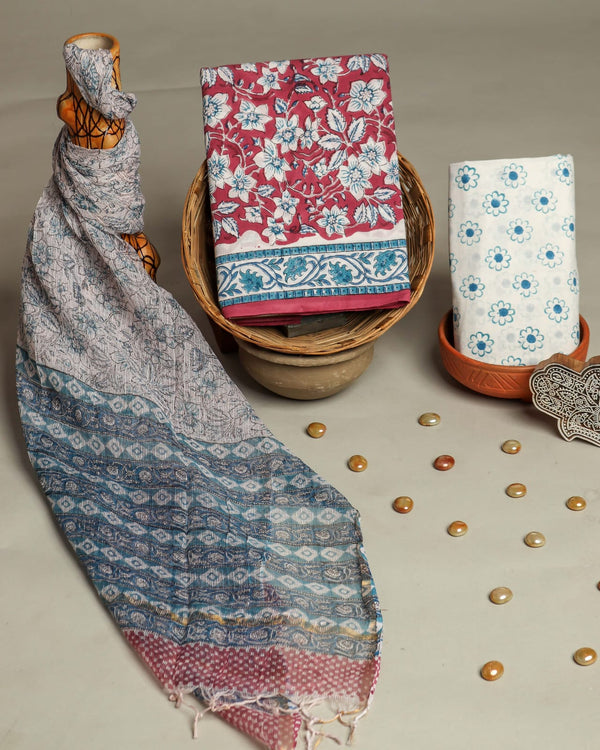 INDIGO HAND BLOCK PURE COTTON SUIT WITH KOTA DORIA DUPATTA 3CKDYS199)