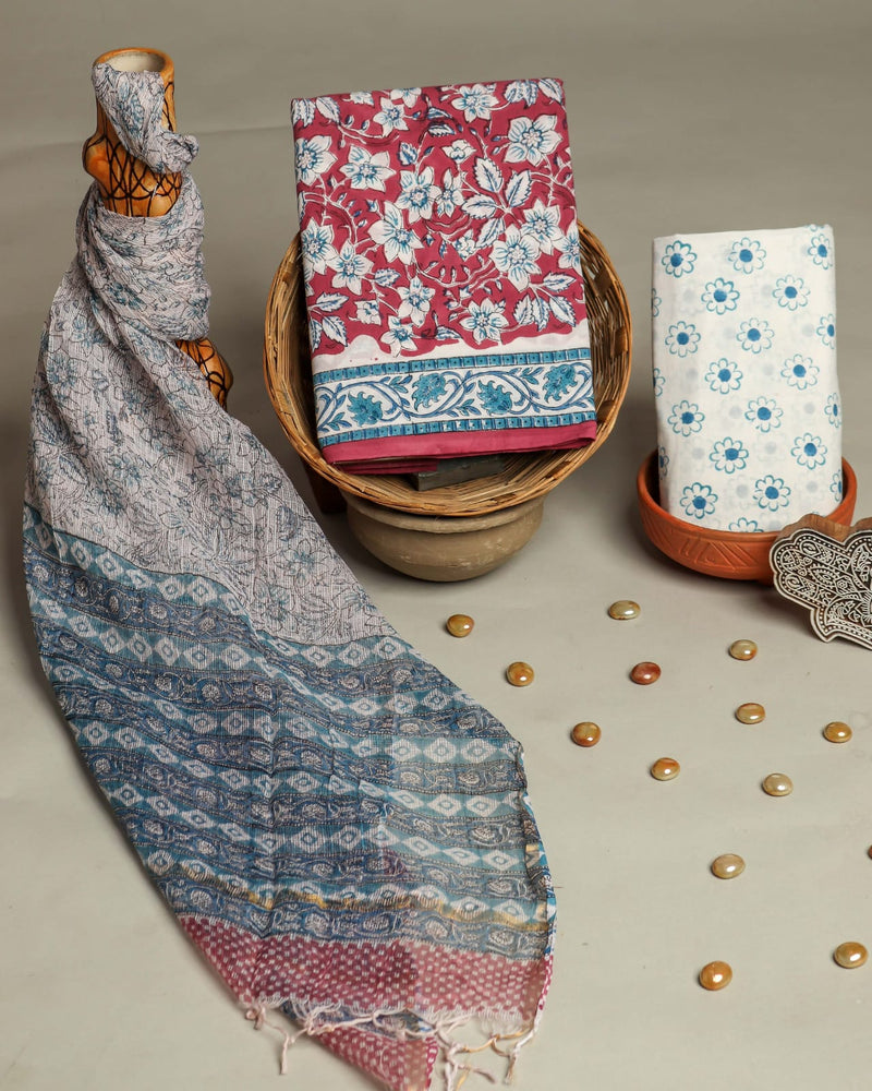 INDIGO HAND BLOCK PURE COTTON SUIT WITH KOTA DORIA DUPATTA 3CKDYS199)