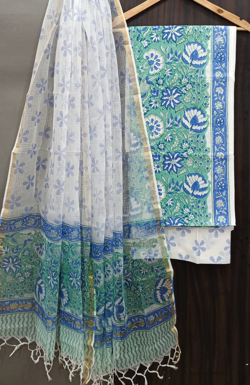 APPEALING HAND BLOCK PURE COTTON SUIT WITH KOTA DORIA DUPATTA (3CKDYS170)