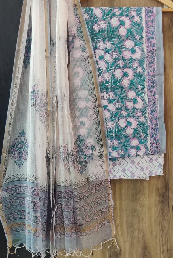 DESIGNER HAND BLOCK PRINT PURE COTTON SUIT MATERIAL WITH KOTA DORIA DUPATTA (3CKDYS235)