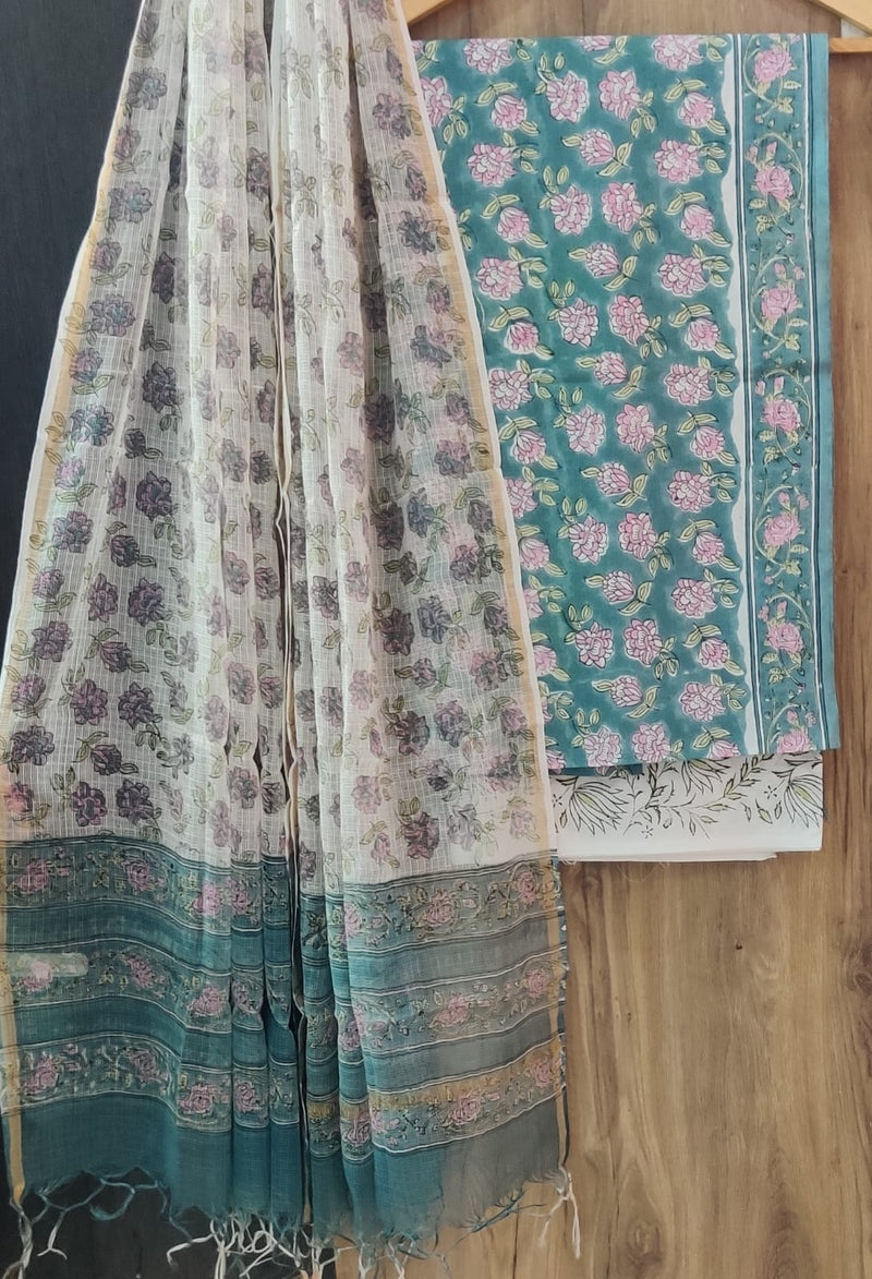 APPEALING FLORAL HAND BLOCK PRINT COTTON SUIT WITH KOTA DORIA DUPATTA (3CKDYS240)