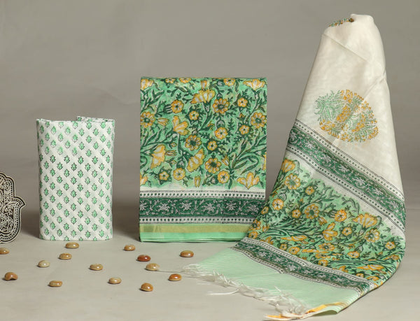 ELEGANT HAND BLOCK CHANDERI SILK SUIT SET WITH CHANDERI DUPATTA (CHDYS261)