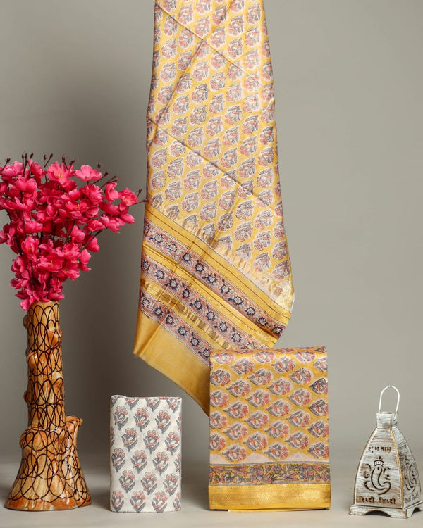Designer Hand Block Print Maheshwari Silk Suit Set (MSLYS23)