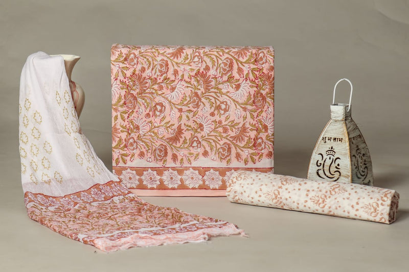 TRADITIONAL HAND BLOCK PRINT PURE COTTON SUIT WITH CHIFFION DUPTTA (PCHFYS109)