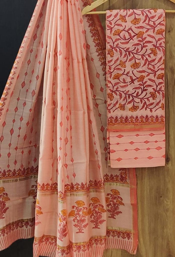 ELEGANT HAND BLOCK CHANDERI SILK SUIT SET WITH CHANDERI DUPATTA (CHDYS267)