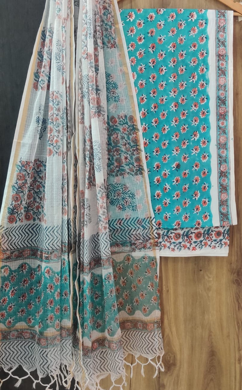 APPEALING HAND BLOCK PRINT COTTON SUIT WITH KOTA DORIA DUPATTA (3CKDYS250)