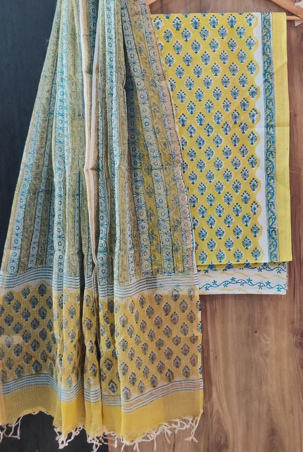 APPEALING FLORAL HAND BLOCK PRINT COTTON SUIT WITH KOTA DORIA DUPATTA (3CKDYS254)