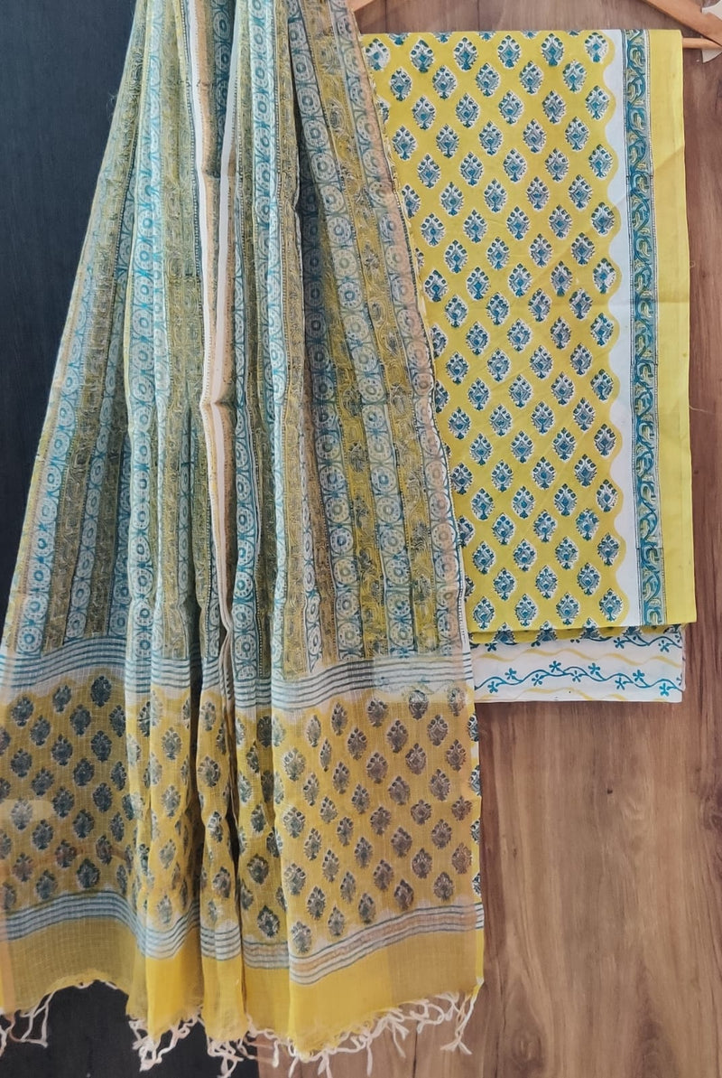 APPEALING FLORAL HAND BLOCK PRINT COTTON SUIT WITH KOTA DORIA DUPATTA (3CKDYS254)