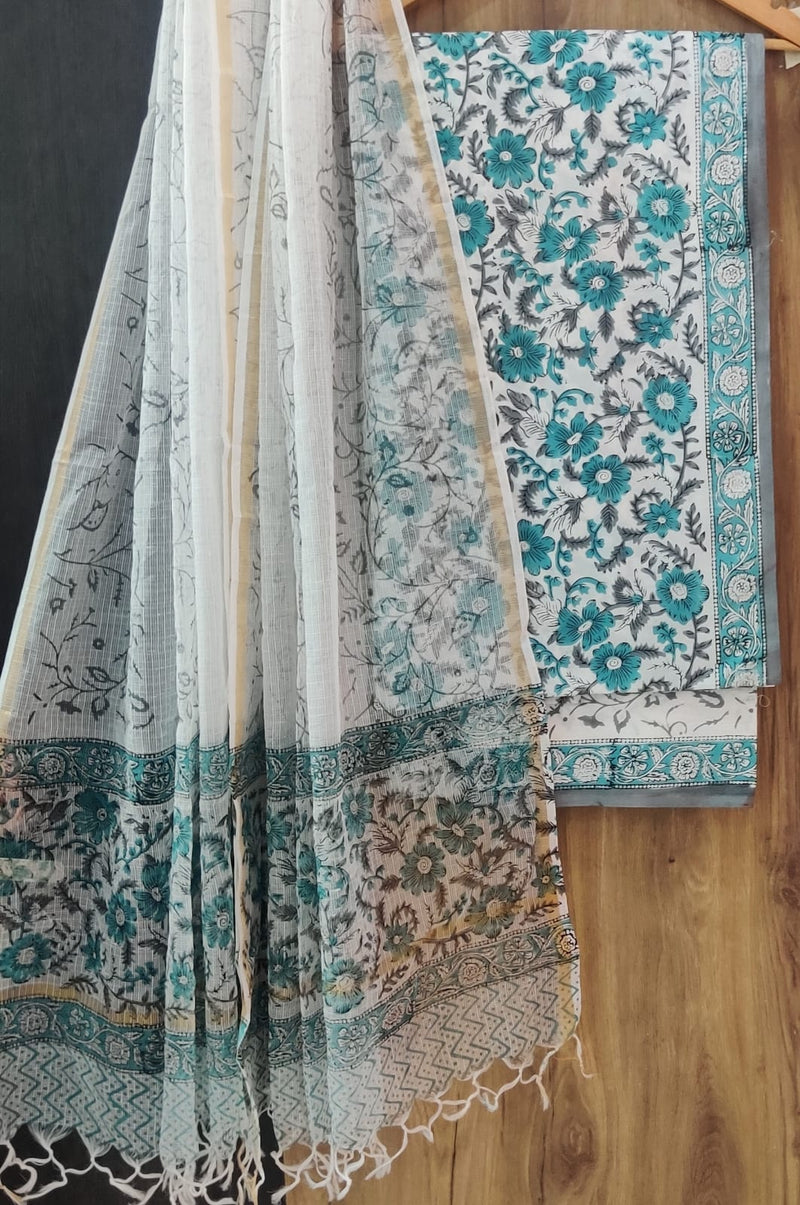 DESIGNER HAND BLOCK PRINT PURE COTTON SUIT MATERIAL WITH KOTA DORIA DUPATTA (3CKDYS83)