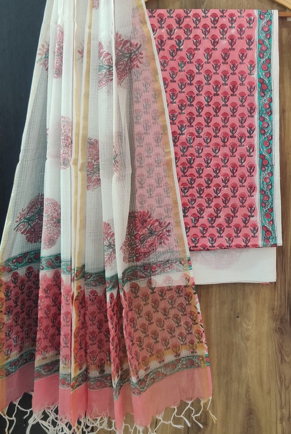 Designer Hand Block Print Pure Cotton Suit Material with Kota Doria Dupatta (3CKDYS18)