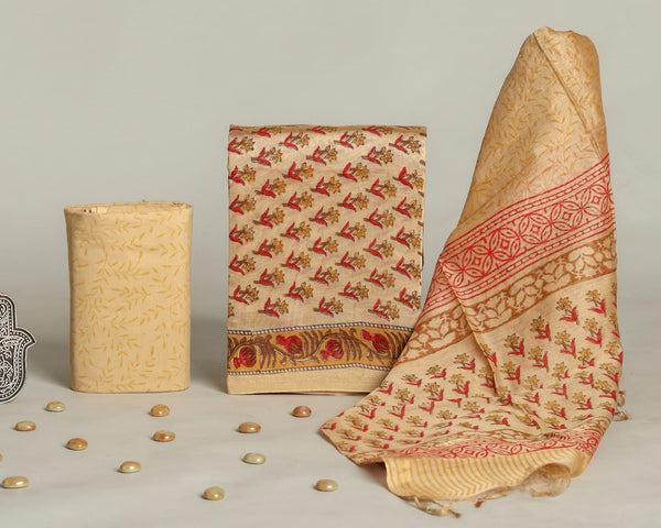 TRADITIONAL HAND BLOCK CHANDERI SILK SUIT SET WITH CHANDERI DUPATTA (CHDYS191)