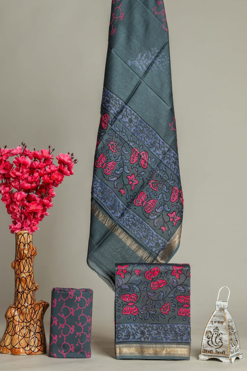 TRADITIONAL INDIGO HAND BLOCK PRINT MAHESHWARI SILK SUIT WITH MAHESHWARI SILK DUPATTA (MSLYS122)