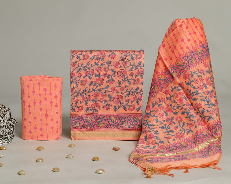 HAND BLOCK CHANDERI SILK SUIT SET WITH CHANDERI DUPATTA (CHDYS265)