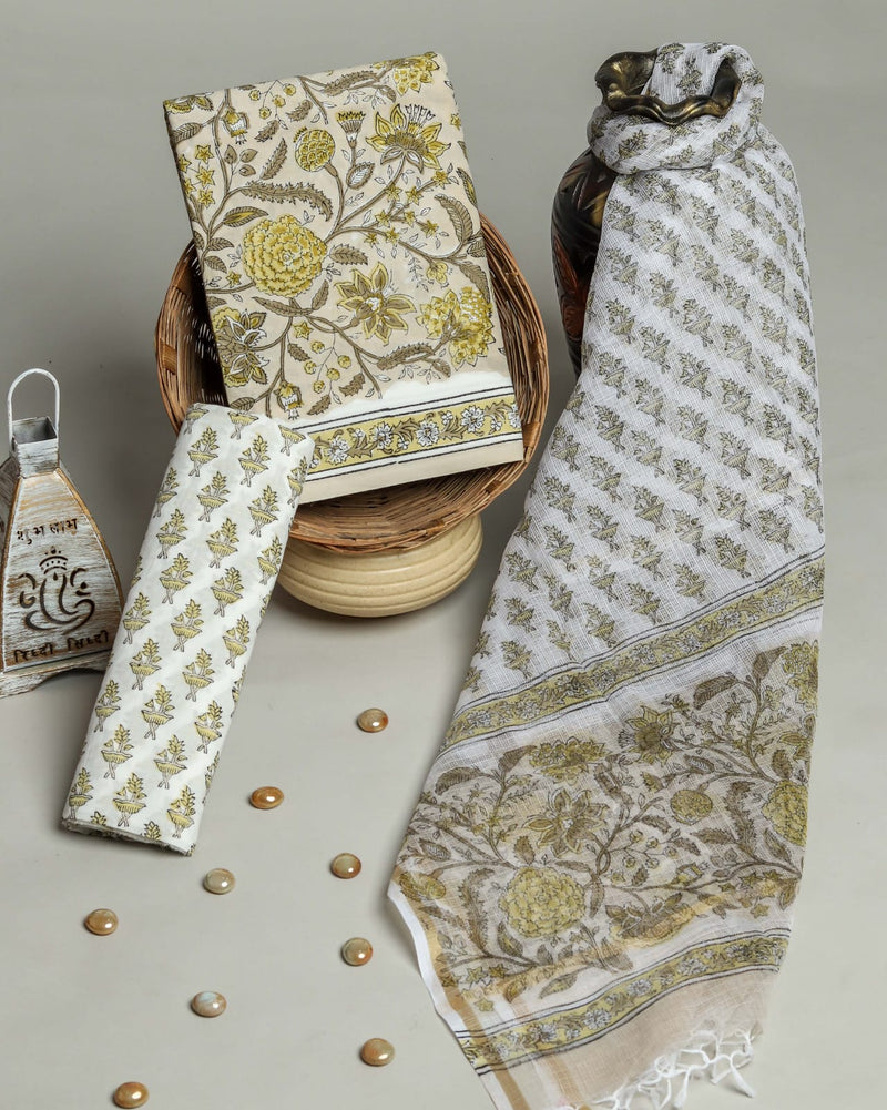 DESIGNER FLORAL JAAL HAND BLOCK PRINT COTTON SUIT SET WITH KOTA DORIA DUPATTA (3CKDYS210)