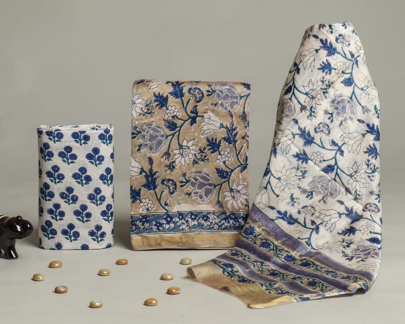 TRADITIONAL HAND PRINTED CHANDERI SILK SUIT SET WITH CHANDERI DUPATTA (CHDYS228)
